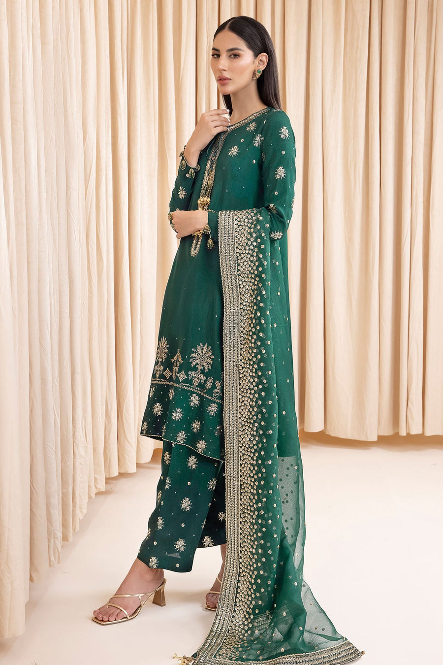 Embroidered Raw Silk 3-Piece Formal Suit with Organza Dupatta