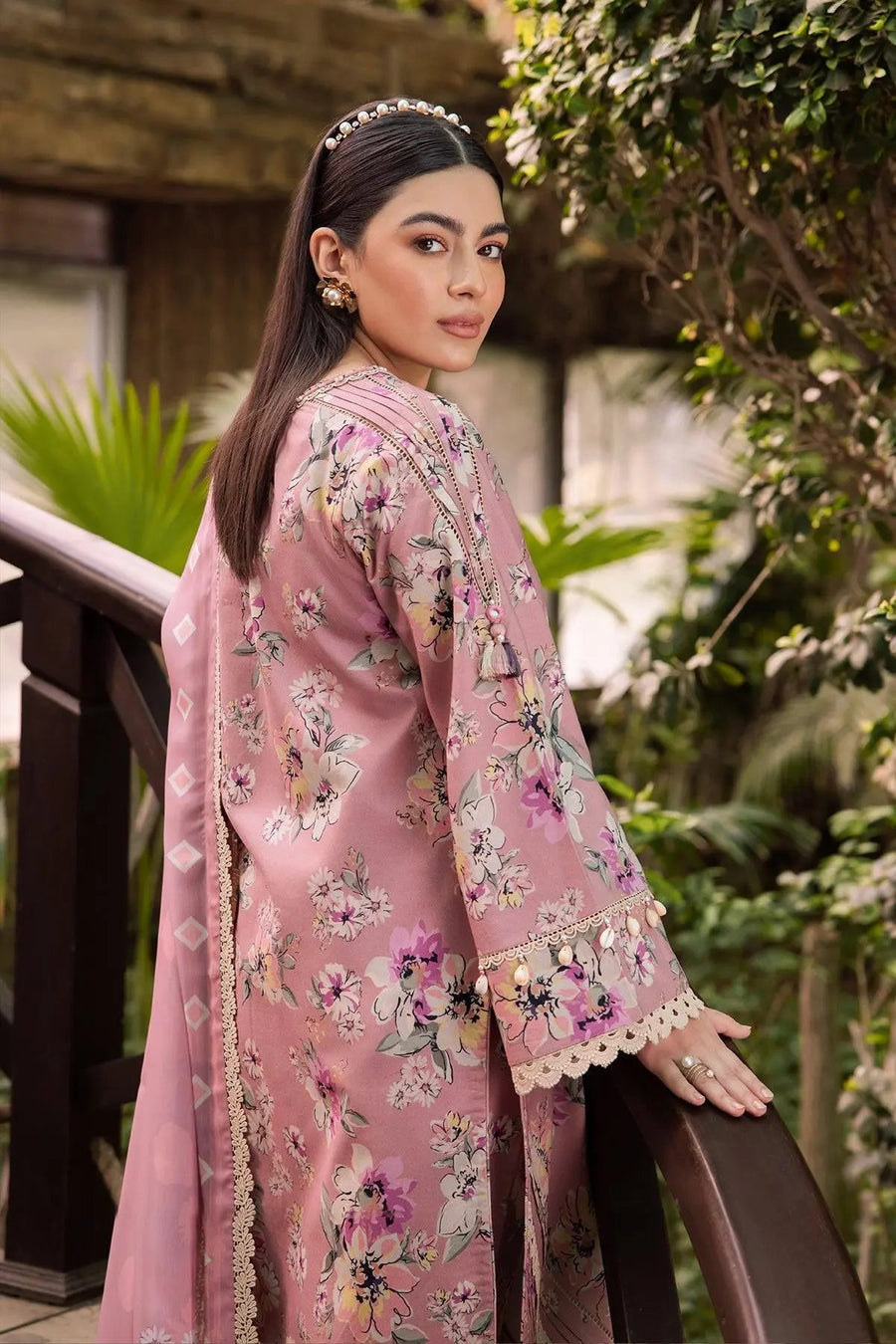 Dusty Pink Floral Printed Lawn Suit with Chiffon Dupatta
