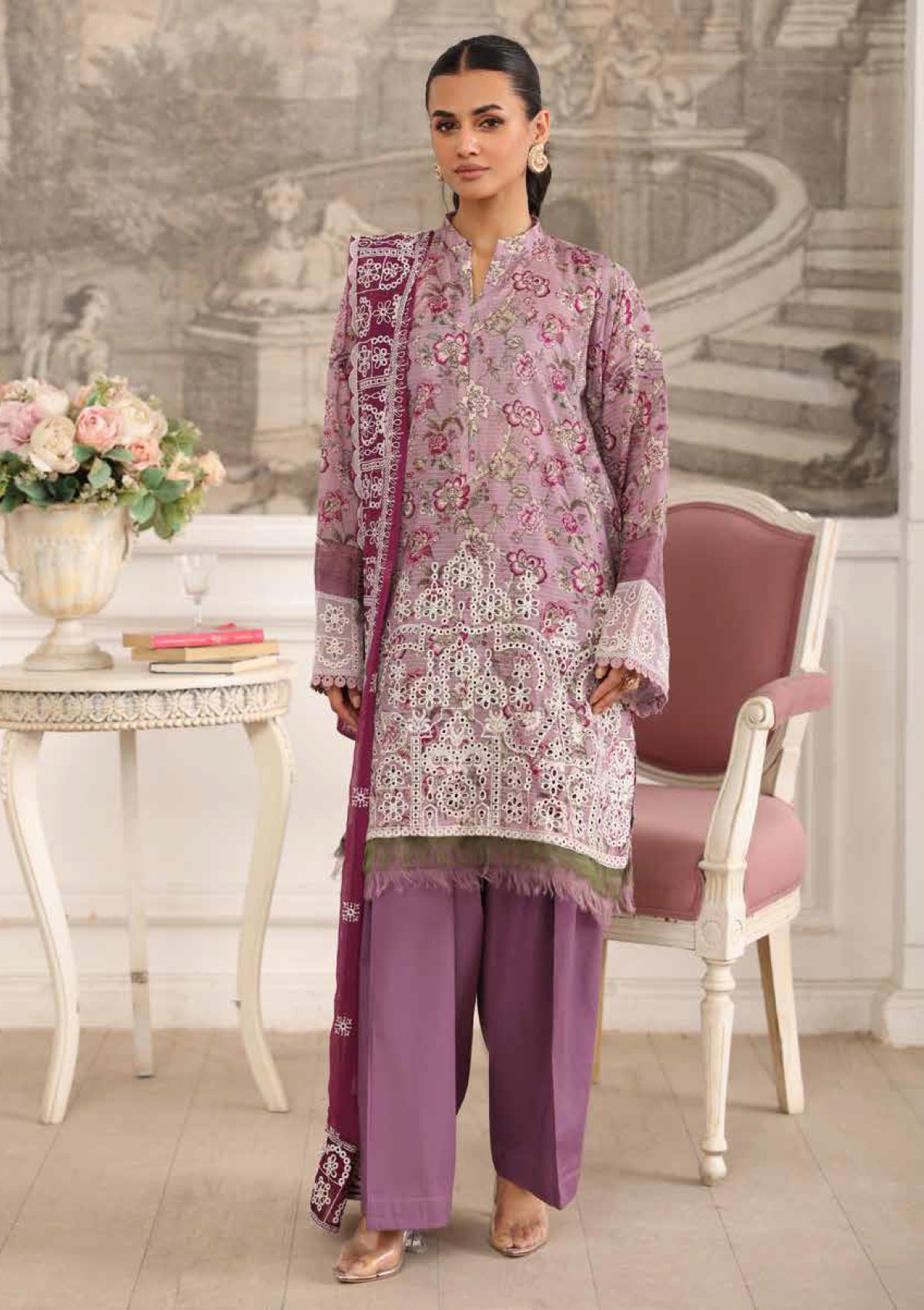 Purple Chikankari Lawn Suit with Embroidered Chiffon Dupatta