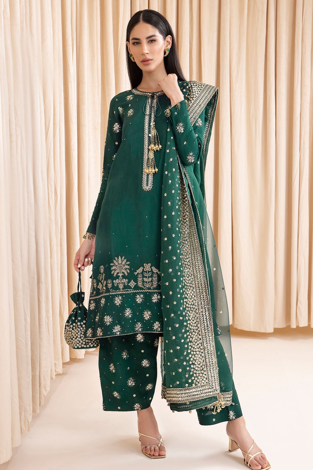 Embroidered Raw Silk 3-Piece Formal Suit with Organza Dupatta