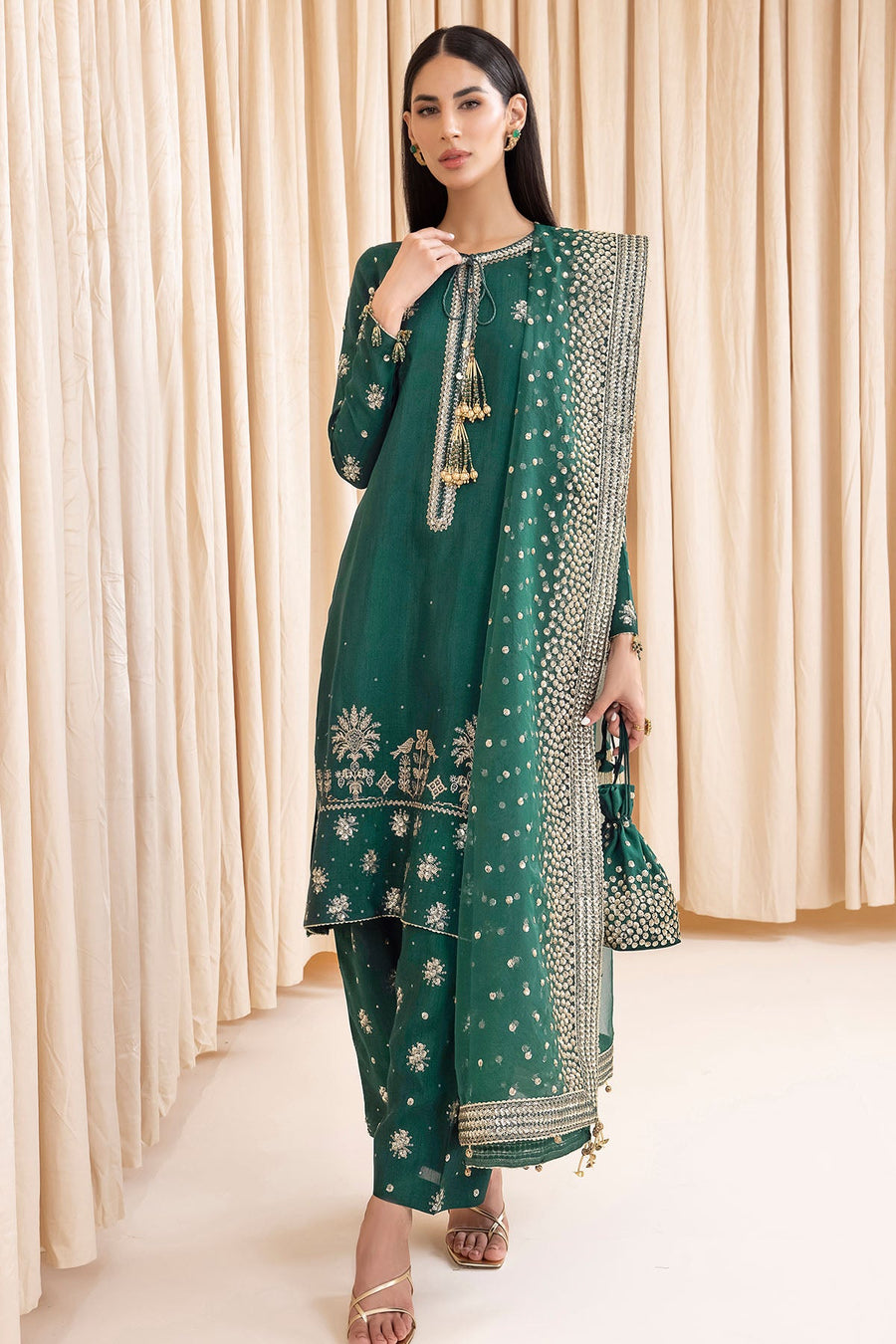 Embroidered Raw Silk 3-Piece Formal Suit with Organza Dupatta