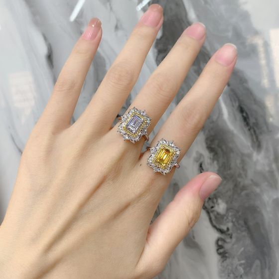 Masculine 6*8mm Baguette Created High Carbon Diamond Flower CZ Border 925 Sterling Silver Ring