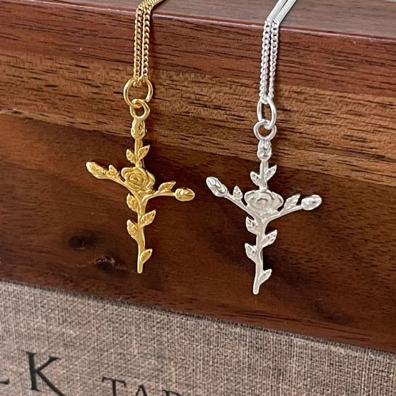 Women Beautiful Rose Flower Cross 925 Sterling Silver Necklace