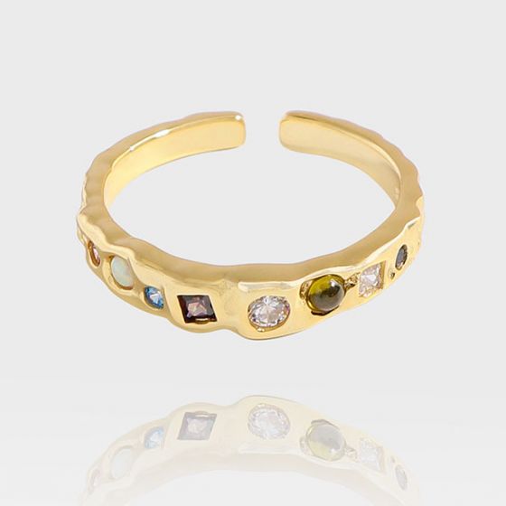 Colorful Geomrtry Round Square CZ Gemstone 925 Sterling Silver Open Ring