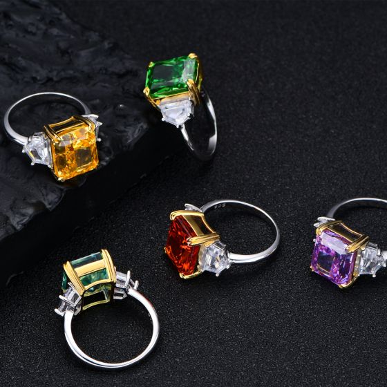 Party 13ct 10 * 12mm Emerald Created High Carbon Diamond CZ 925 Sterling Silver Ring