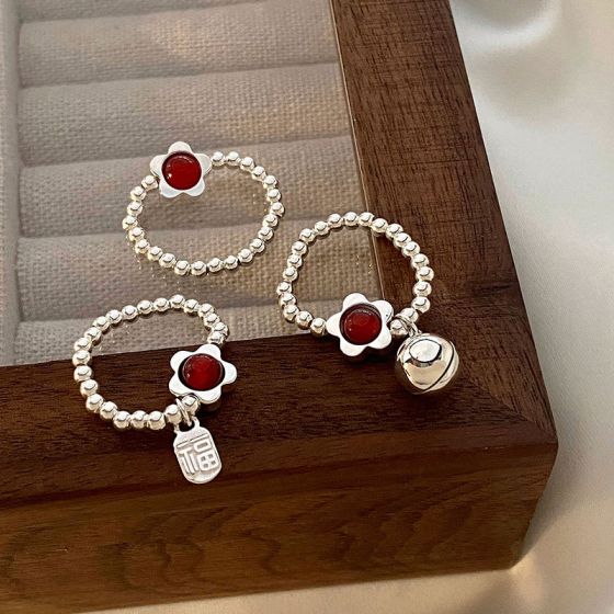 Women Red Agate Flower Bell Chinese Fu Tag Beads Chain 925 Sterling Silver Adjustable Ring