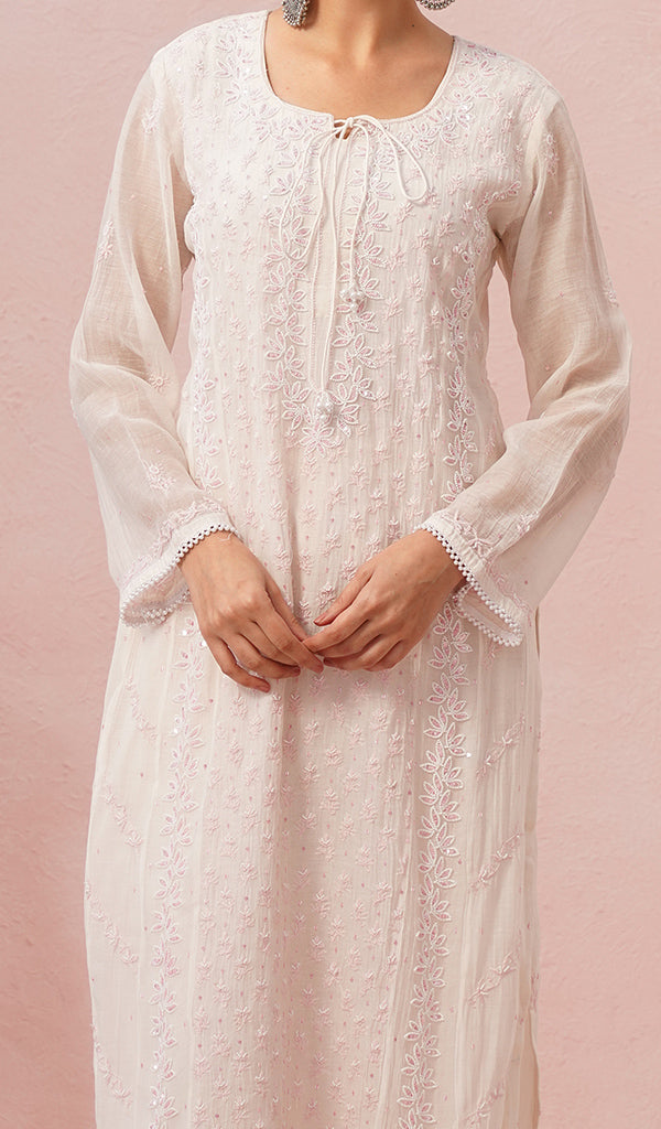 Saziya Women's Lakhnavi Handcrafted Mul Chanderi Chikankari Stitched Kurta, Dupatta And Pant Set - HONC01327945