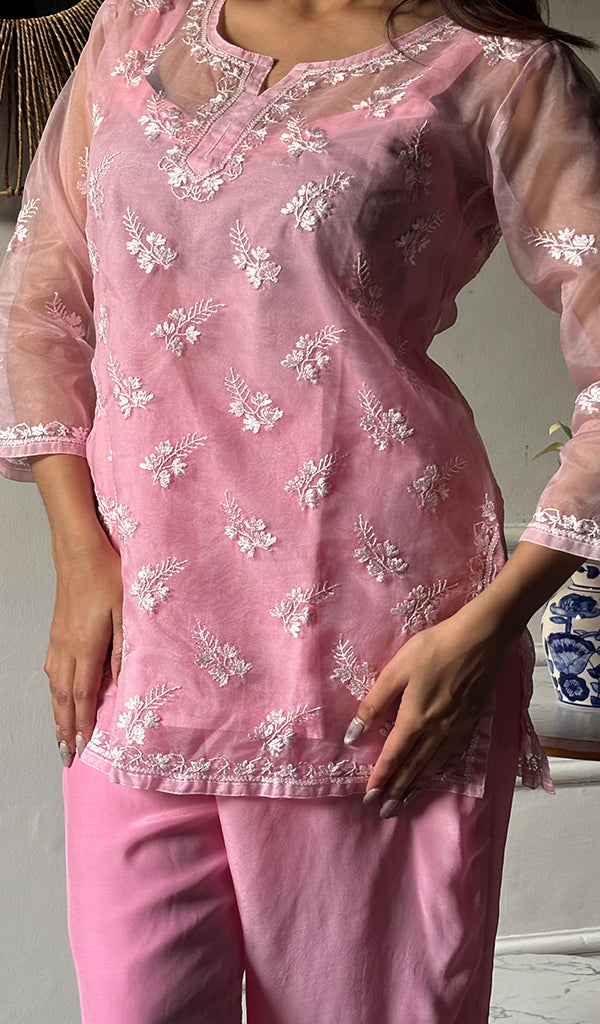 Women's Lucknowi Handcrafted Organza  Stitched Chikankari Kurta And Plazzo Set - Pehnaawaa