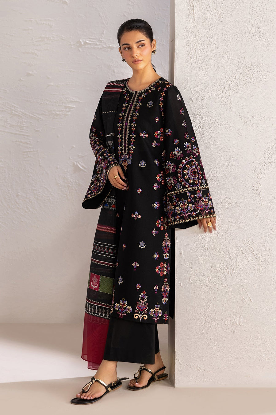 Black Multicolour Embroidered Lawn Suit with Silk Dupatta