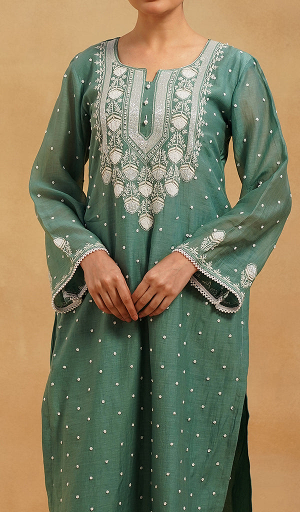Women's Lakhnavi Handcrafted Mul Chanderi Chikankari Stitched Kurta, Dupatta And Pant Set
