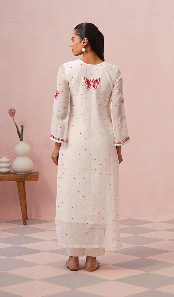 Titlee Women's Lakhnavi Handcrafted Mul Chanderi Chikankari Stitched Kurta, Dupatta And Pant Set