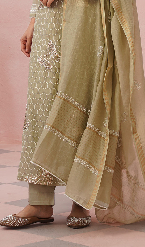 Women's Lakhnavi Handcrafted Mul Chanderi Chikankari Stitched Kurta, Dupatta And Pant Set - HONC0555586