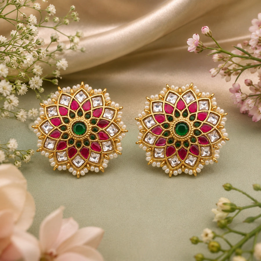 Pink and Green Jadau Kundan Floral Stud Earrings with Pearl Border