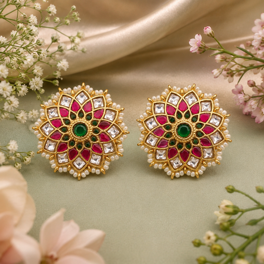 Pink and Green Jadau Kundan Floral Stud Earrings with Pearl Border