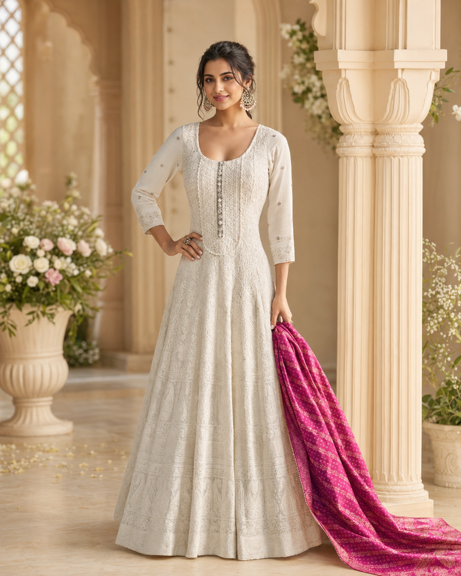 Ivory White Georgette Chikankari Anarkali Suit with Embroidered Dupatta