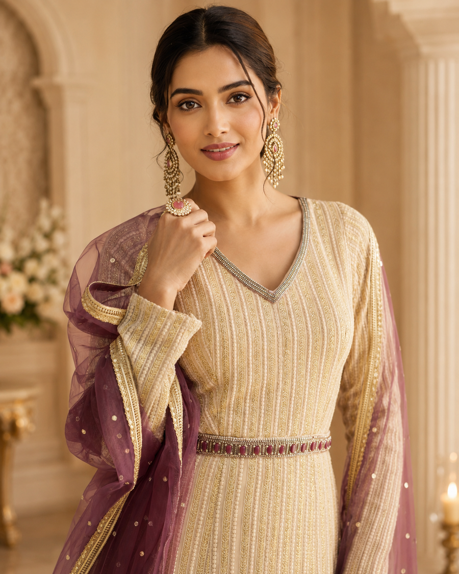 Plum Ombre Real Georgette Chikankari Anarkali Suit with Dupatta