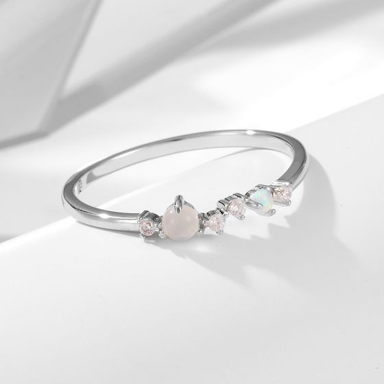 Women Gift Round Natural Moonstone CZ 925 Sterling Silver Ring