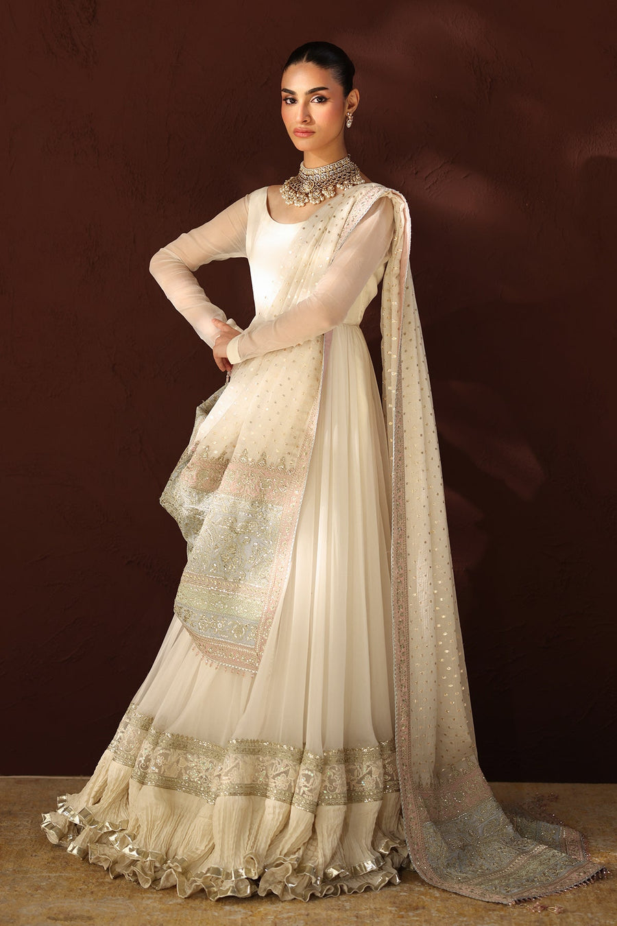 Embroidered Chiffon Frock 3-Piece Formal Suit with Zari Dupatta