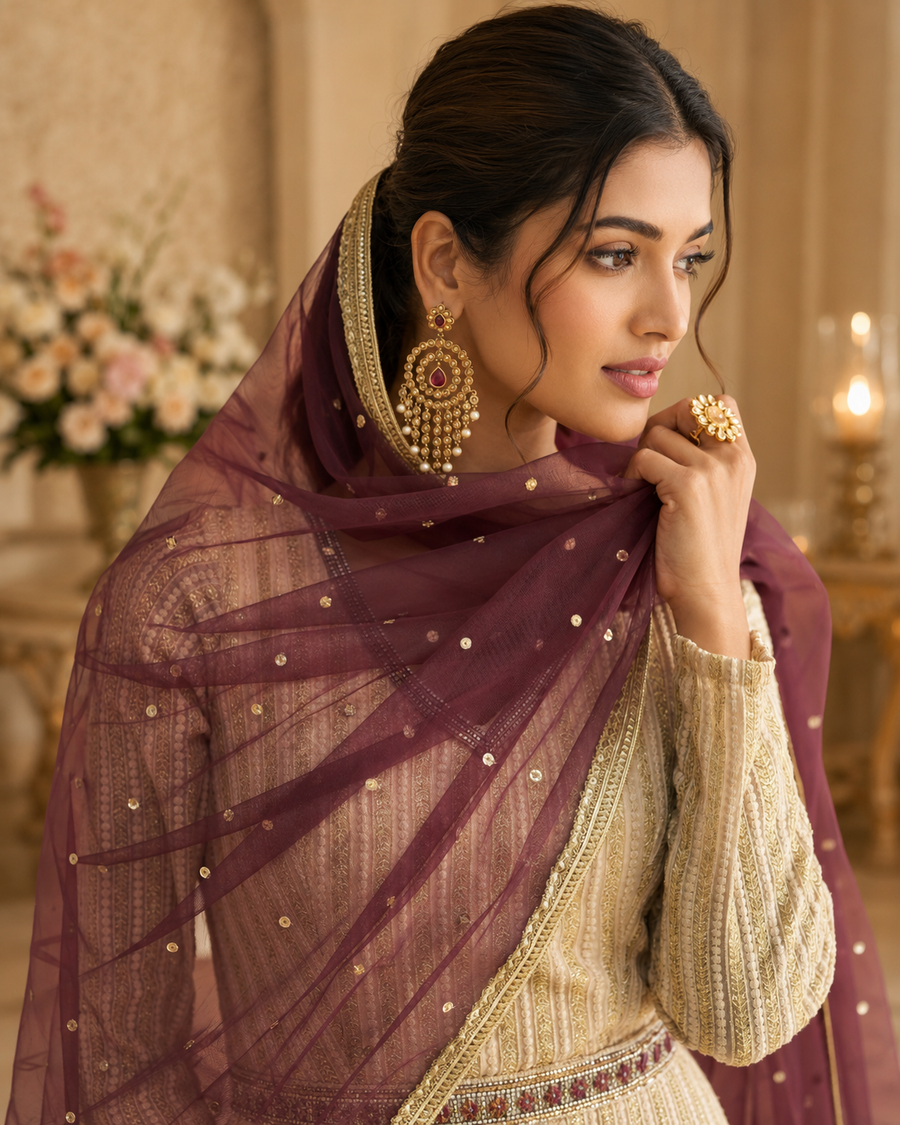 Plum Ombre Real Georgette Chikankari Anarkali Suit with Dupatta