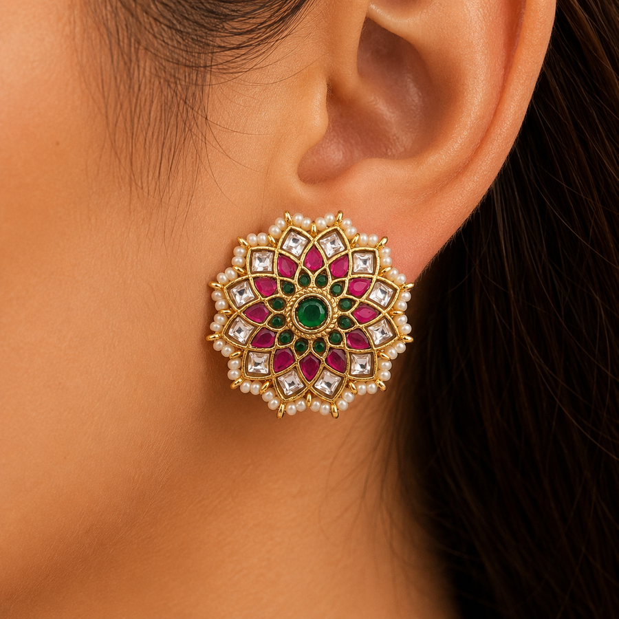 Pink and Green Jadau Kundan Floral Stud Earrings with Pearl Border