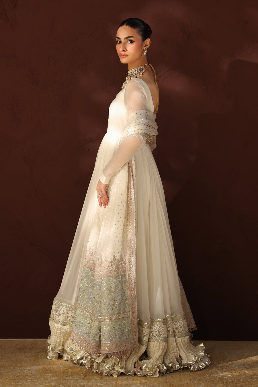 Embroidered Chiffon Frock 3-Piece Formal Suit with Zari Dupatta