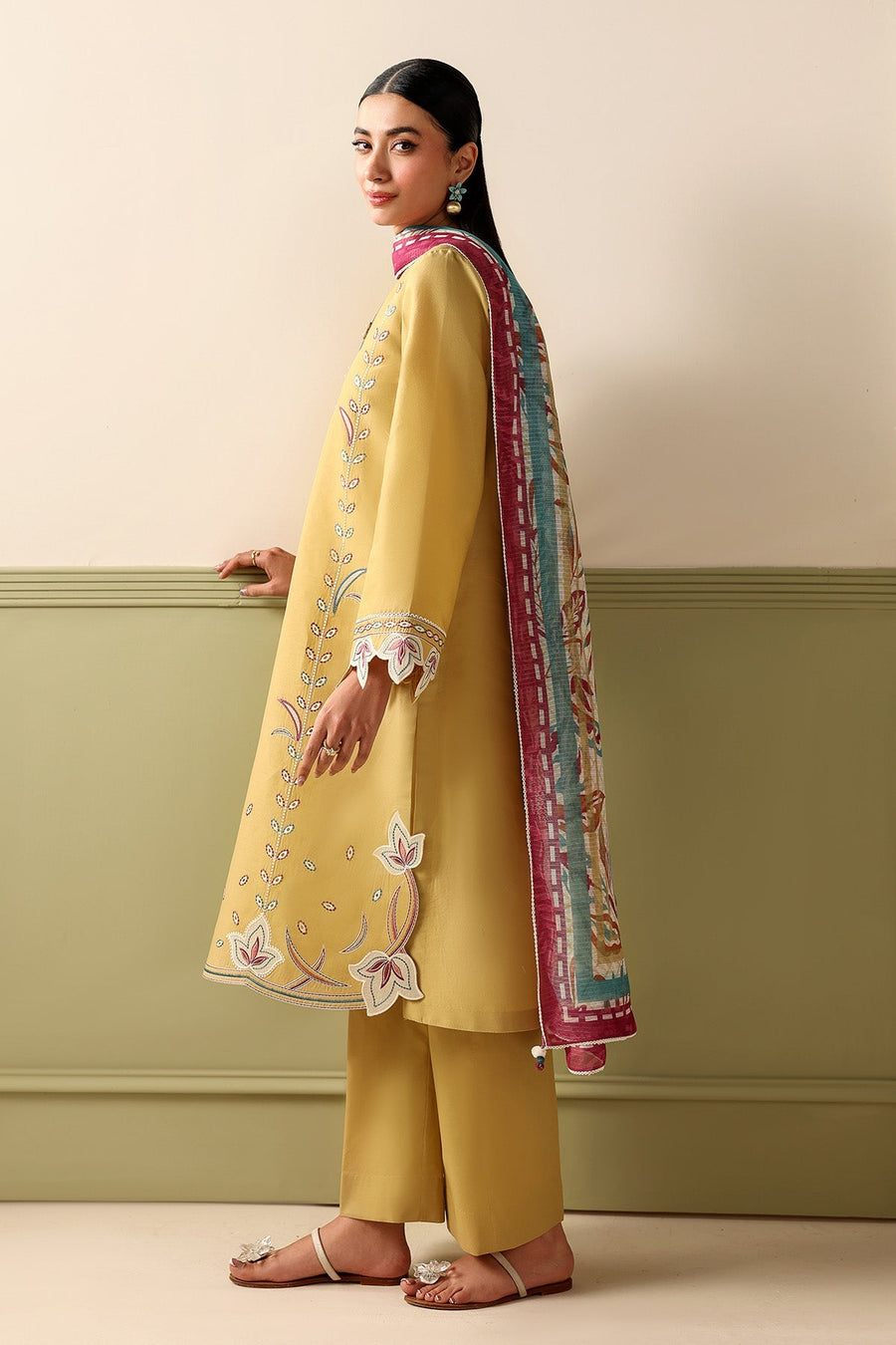 Mustard Embroidered Lawn Suit with Dyed Cambric Trousers and Stripes Woven Dupatta  Description: