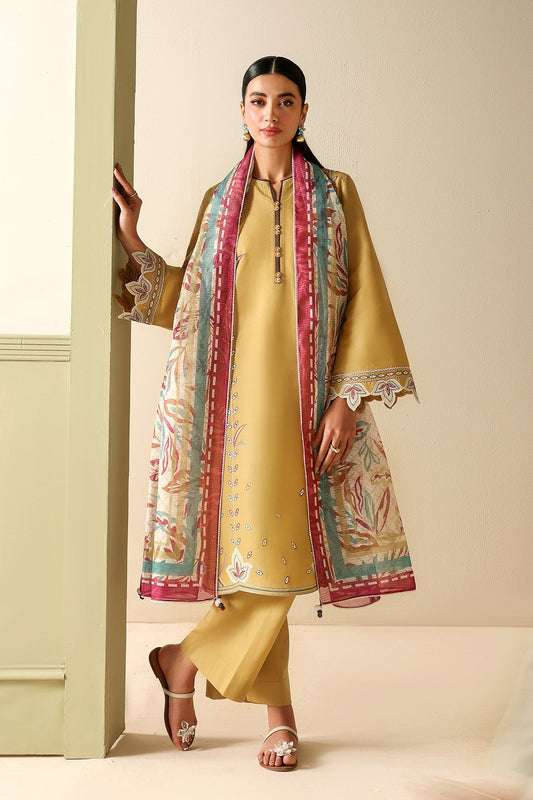 Mustard Embroidered Lawn Suit with Dyed Cambric Trousers and Stripes Woven Dupatta  Description: