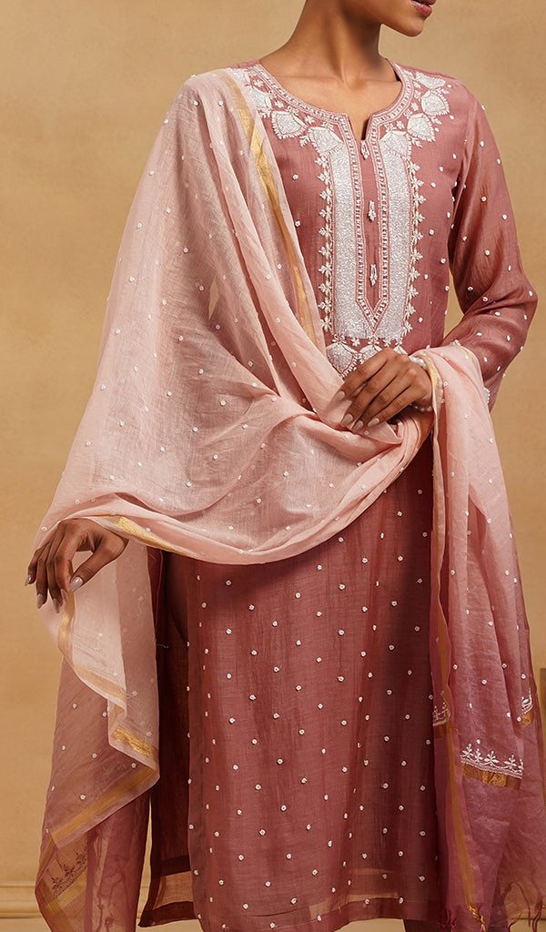 Jazba Women's Lakhnavi Handcrafted Mul Chanderi Chikankari Stitched Kurta, Dupatta And Pant Set