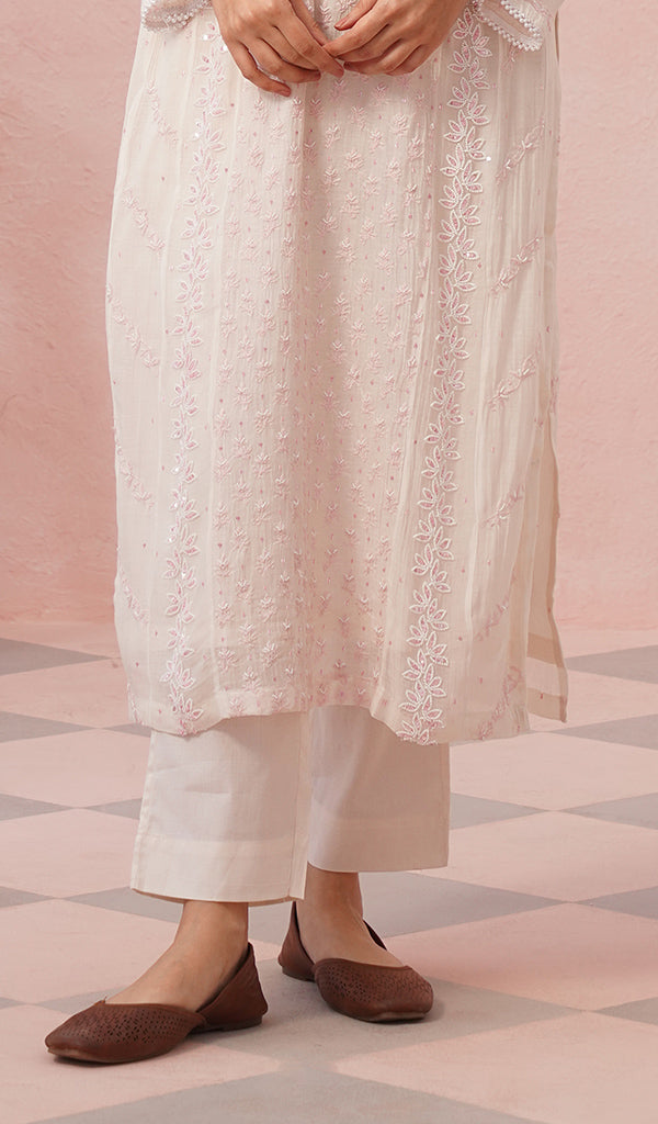 Saziya Women's Lakhnavi Handcrafted Mul Chanderi Chikankari Stitched Kurta, Dupatta And Pant Set - HONC01327945