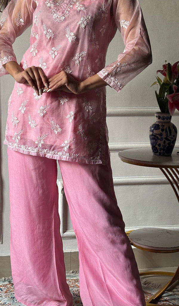 Women's Lucknowi Handcrafted Organza  Stitched Chikankari Kurta And Plazzo Set - Pehnaawaa