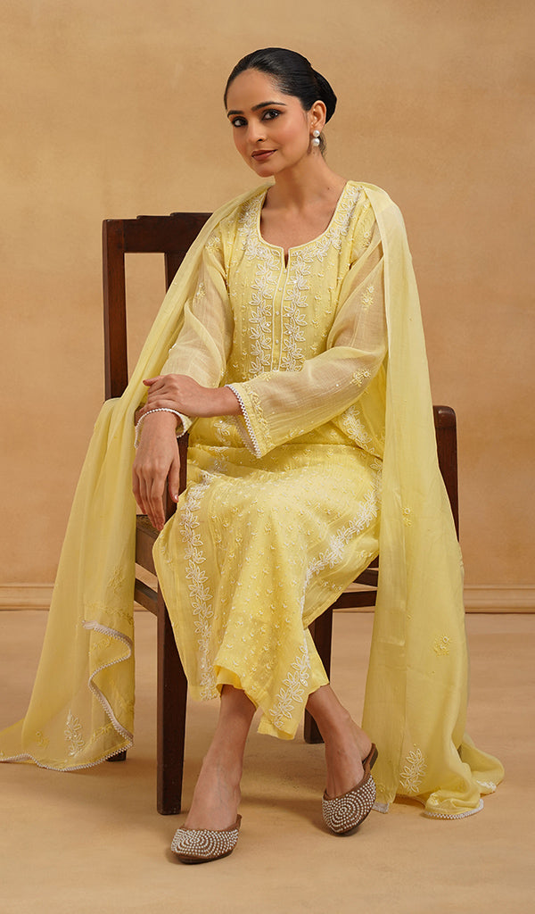 Saziya Women's Lakhnavi Handcrafted Mul Chanderi Chikankari Stitched Kurta, Dupatta And Pant Set