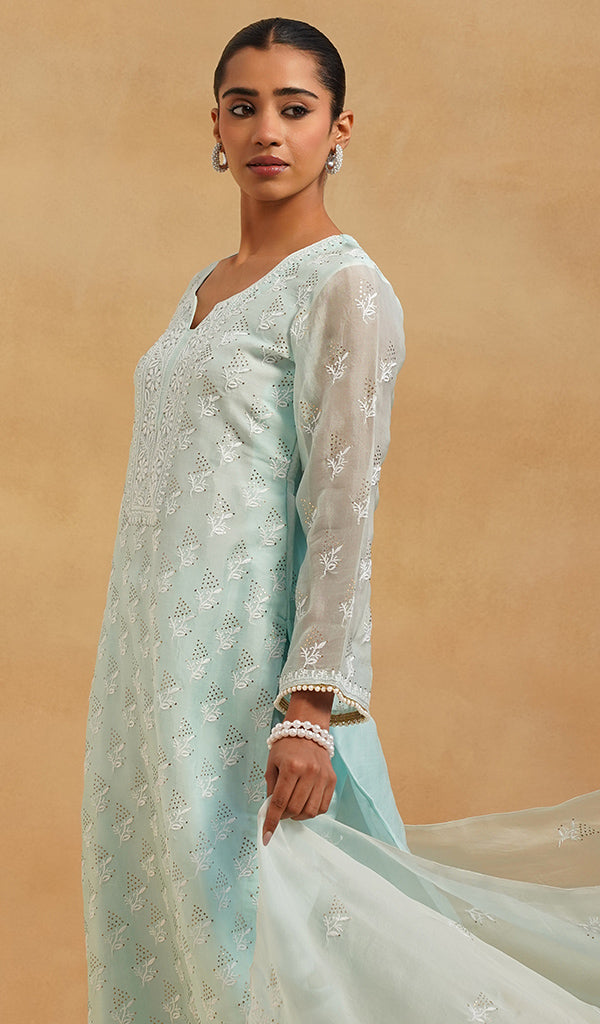 Women's Lucknowi Handcrafted Pure Organza Silk Stitched Chikankari Kurta, Dupatta With Pant Set