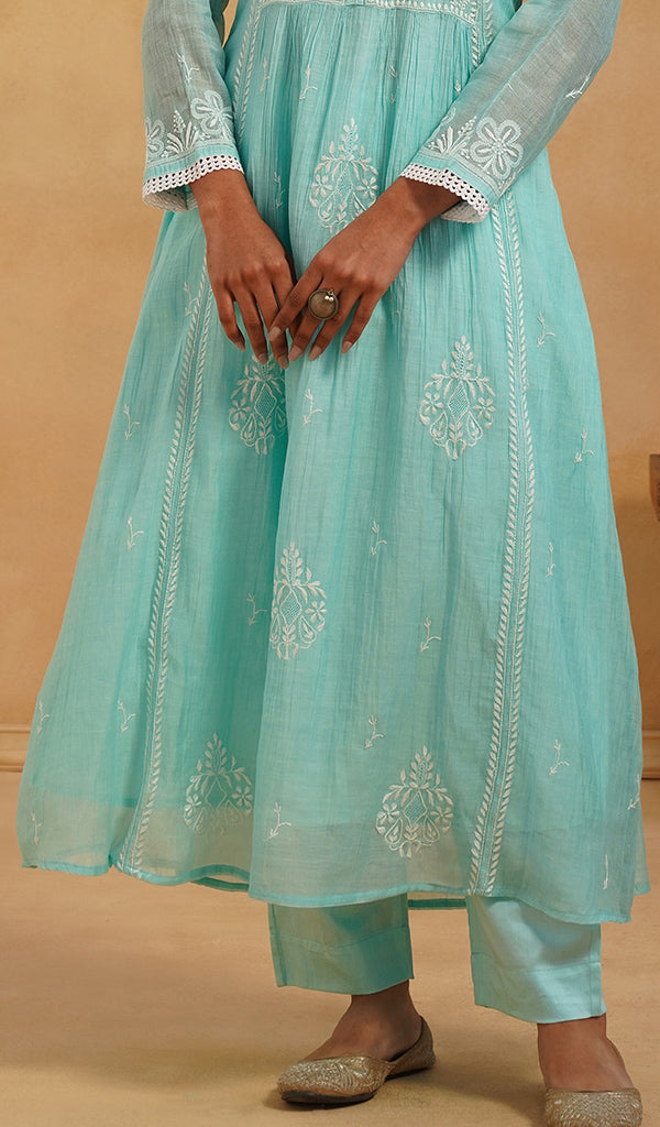 Women's Lakhnavi Handcrafted Mul Chanderi Chikankari Stitched Kurta, Dupatta And Pant Set - HONC0824547 - Pehnaawaa