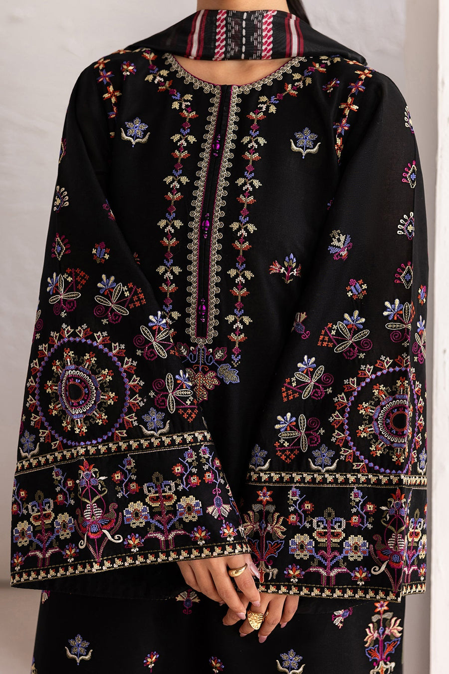 Black Multicolour Embroidered Lawn Suit with Silk Dupatta