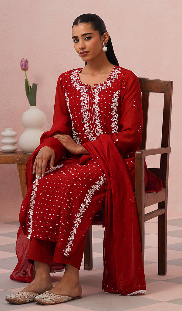 Saziya Women's Lakhnavi Handcrafted Mul Chanderi Chikankari Stitched Kurta, Dupatta And Pant Set