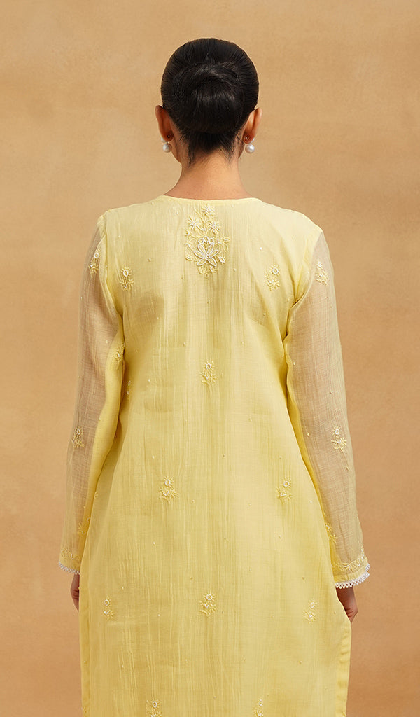 Saziya Women's Lakhnavi Handcrafted Mul Chanderi Chikankari Stitched Kurta, Dupatta And Pant Set