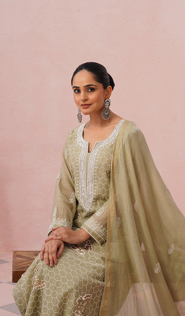 Women's Lakhnavi Handcrafted Mul Chanderi Chikankari Stitched Kurta, Dupatta And Pant Set - HONC0555586