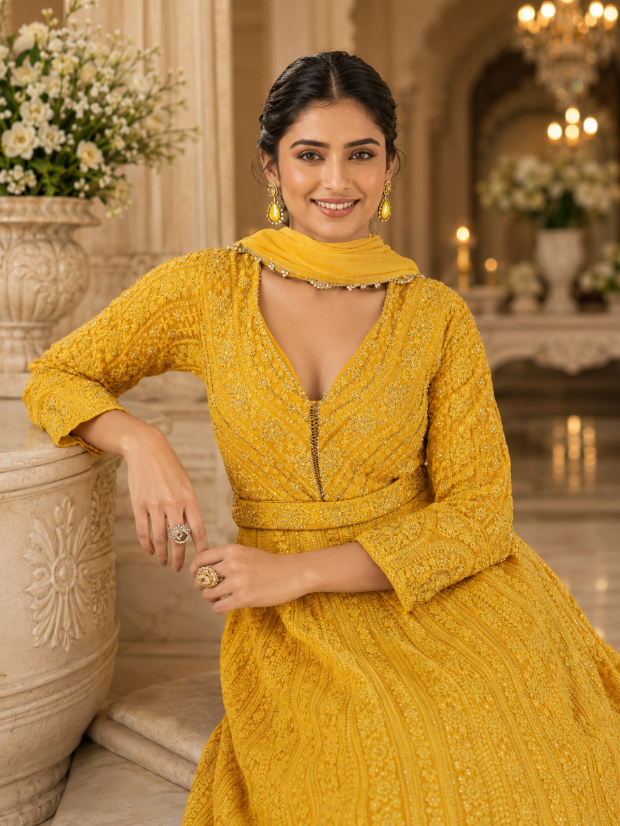 Golden Mustard Chikankari Anarkali Suit in Premium Real Georgette
