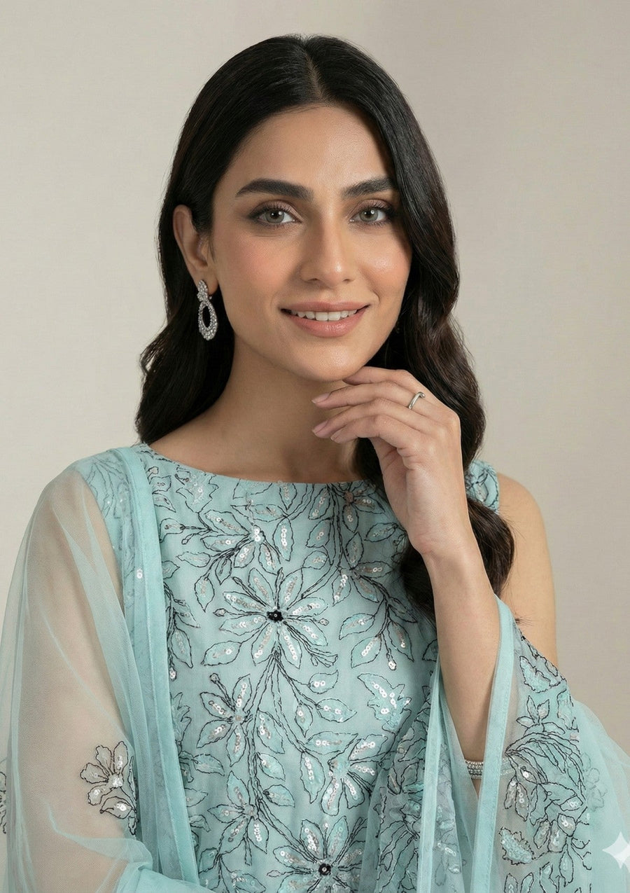 Sea Green Chikankari & Mukesh Work Net Suit with Dupatta