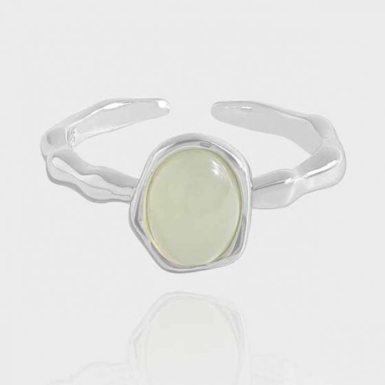 Women Irregular Border Green Crystal 925 Sterling Silver Adjustable Ring