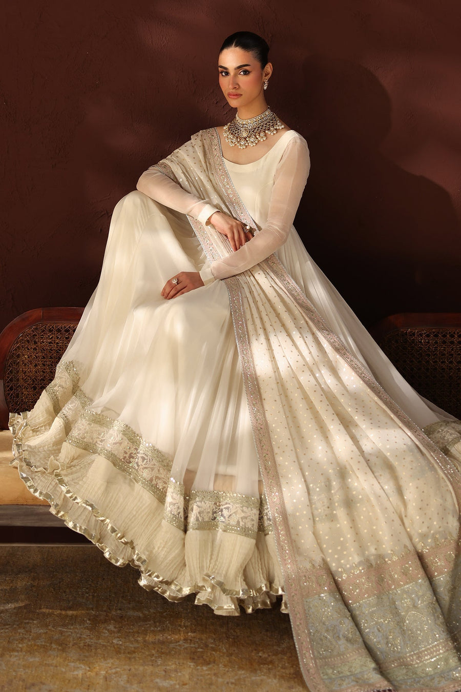 Embroidered Chiffon Frock 3-Piece Formal Suit with Zari Dupatta