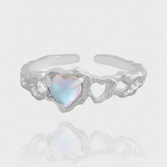 Anniversary Natural Moonstone Heart Hollow 925 Sterling Silver Adjustable Ring