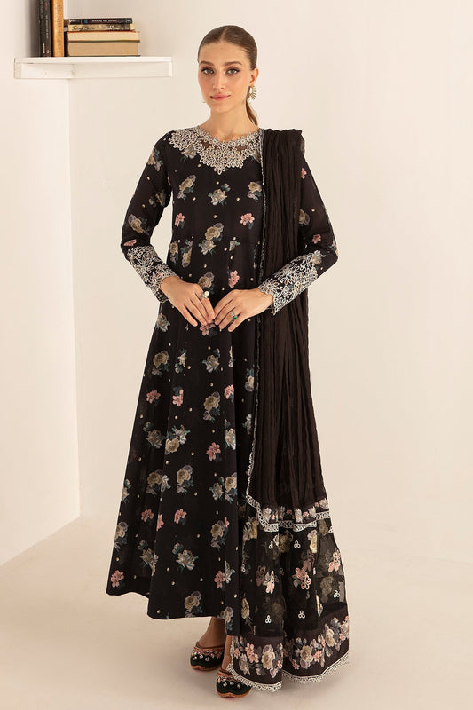 Black Floral Printed Lawn Frock with Embroidered Dupatta | SF-406