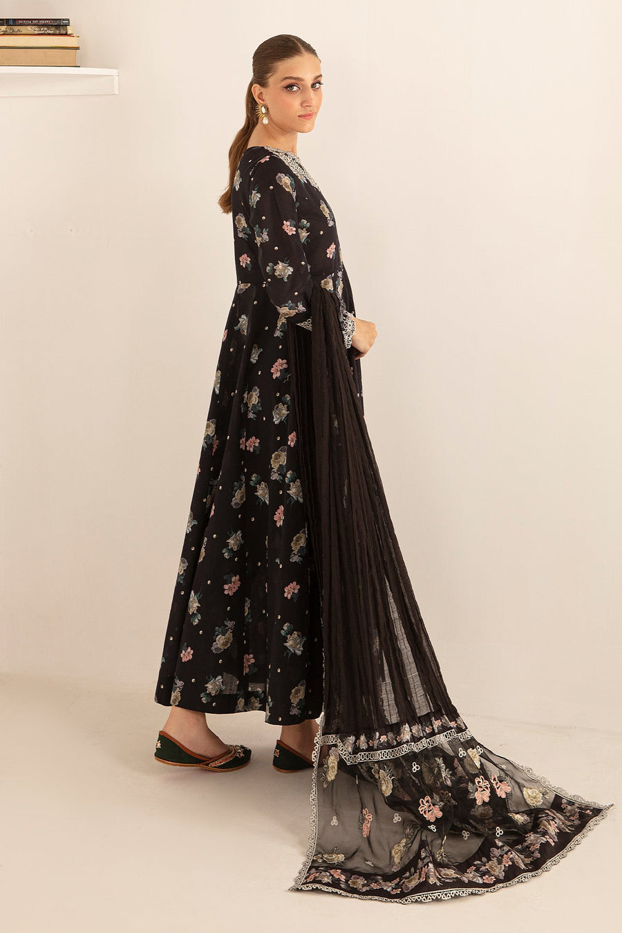 Black Floral Printed Lawn Frock with Embroidered Dupatta
