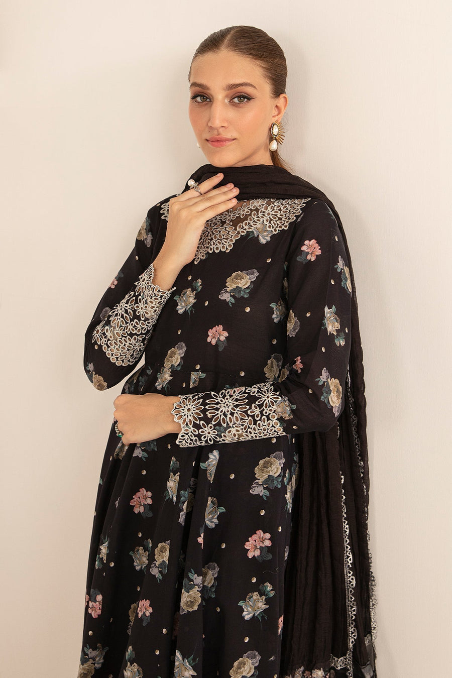 Black Floral Printed Lawn Frock with Embroidered Dupatta