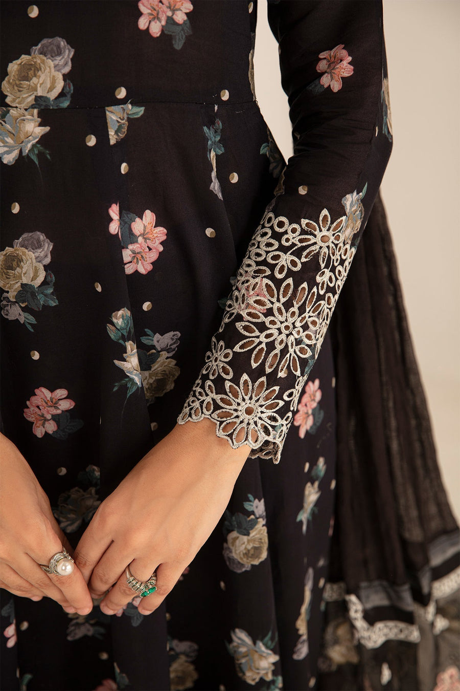 Black Floral Printed Lawn Frock with Embroidered Dupatta