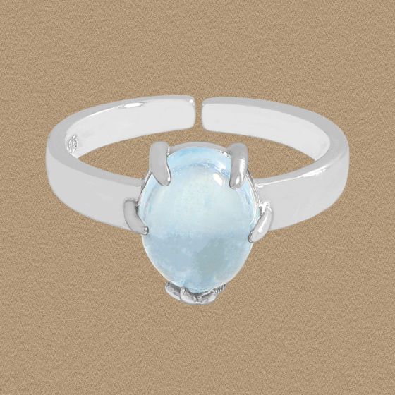 Women Simple Oval Natural Aquamarine 925 Sterling Silver Adjustable Ring