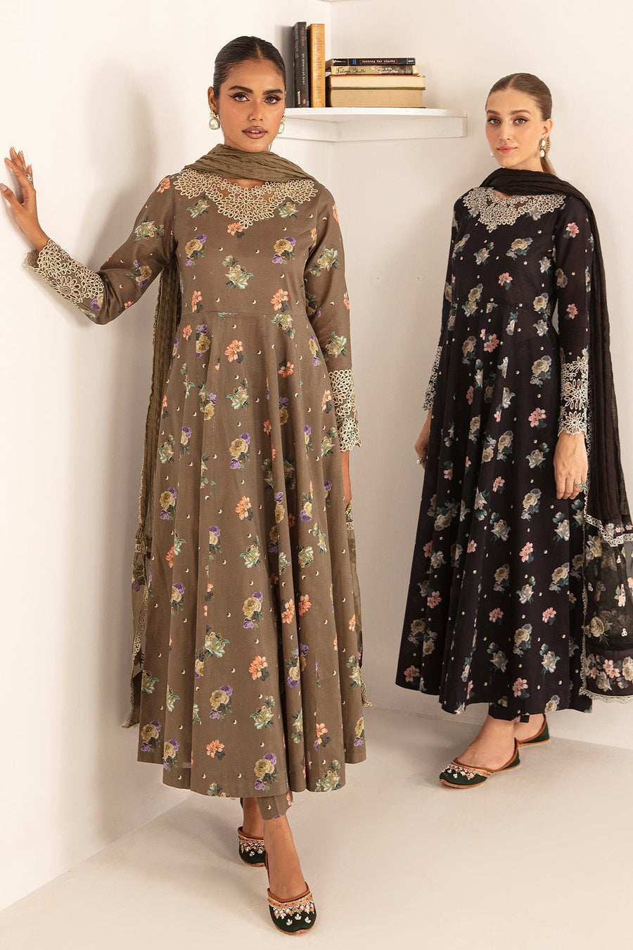 Black Floral Printed Lawn Frock with Embroidered Dupatta