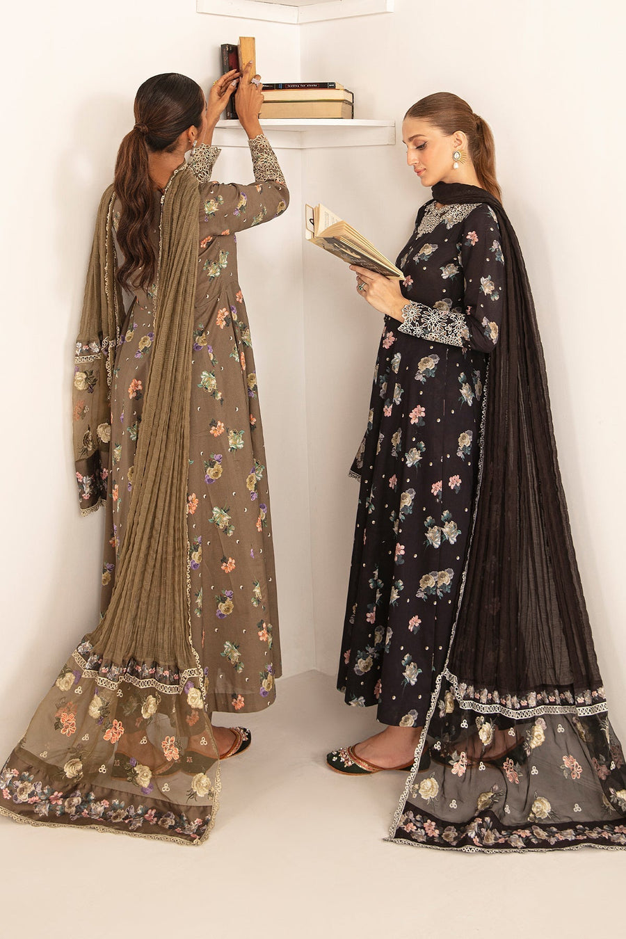 Black Floral Printed Lawn Frock with Embroidered Dupatta