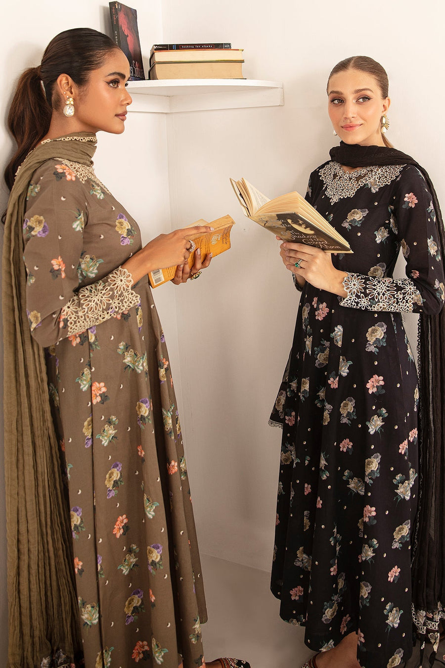 Black Floral Printed Lawn Frock with Embroidered Dupatta